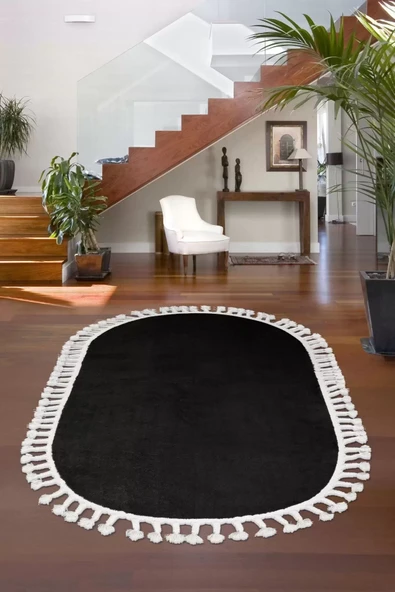 Siyah Oval Post Dokuma Halı Saçaklı Peluş Yumuşacık Kaymaz Antibakteriyel ürün görseli 1