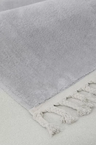 Açık Gri Post Dokuma Halı Saçaklı Peluş Yumuşacık Kaymaz Antibakteriyel - 4