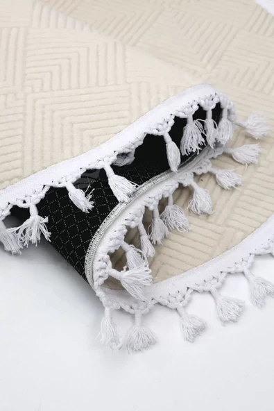 Avangard Oval Halı Pramit Krem Salon Koridor Antre Mutfak Halısı Silinebilir Ponpon Saçak - 4