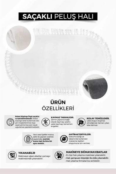 Koyu Gri Oval Post Dokuma Halı Saçaklı Peluş Yumuşacık Kaymaz Antibakteriyel - 5