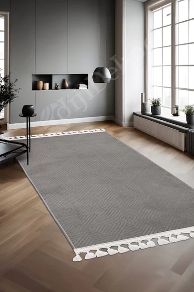 Avangard Halı Pramit Gri Salon Koridor Antre Mutfak Halısı Silinebilir Ponpon Saçak