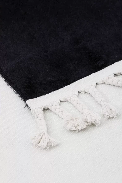 Siyah Post Dokuma Halı Saçaklı Peluş Yumuşacık Kaymaz Antibakteriyel - Resim 3