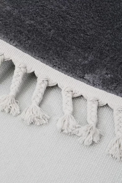 Koyu Gri Oval Post Dokuma Halı Saçaklı Peluş Yumuşacık Kaymaz Antibakteriyel - 4