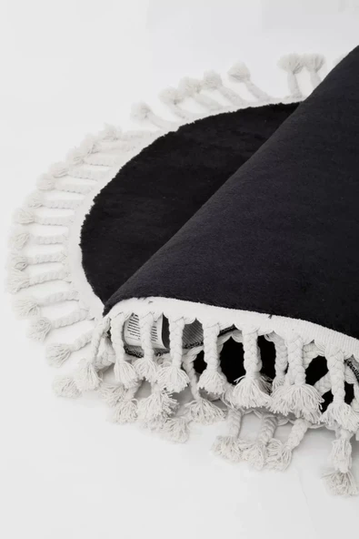 Siyah Oval Post Dokuma Halı Saçaklı Peluş Yumuşacık Kaymaz Antibakteriyel - Resim 4