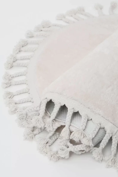 Peluş Halı Açık Vizon Cool Saçaklı Oval Kesme Post Yolluk Kilim Salon Halısı Modelleri - 4