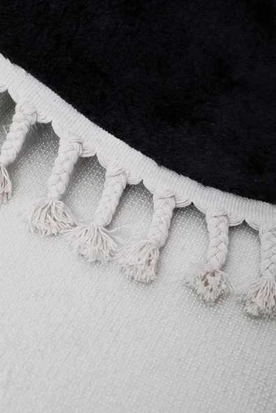 Siyah Oval Post Dokuma Halı Saçaklı Peluş Yumuşacık Kaymaz Antibakteriyel - Resim 3