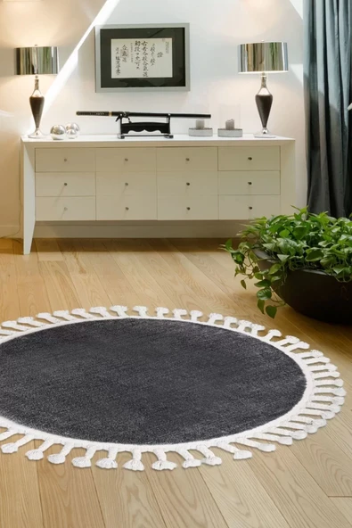 Koyu Gri Yuvarlak Post Dokuma Halı Püslüllü Peluş Halı Antibakteriyel