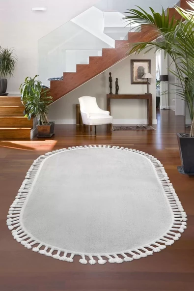 Açık Gri Oval Post Dokuma Halı Saçaklı Peluş Yumuşacık Kaymaz