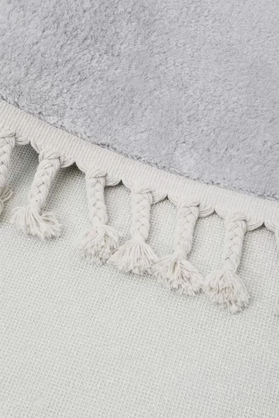 Açık Gri Yuvarlak Post Dokuma Halı Püslüllü Peluş Halı Antibakteriyel - Resim 4