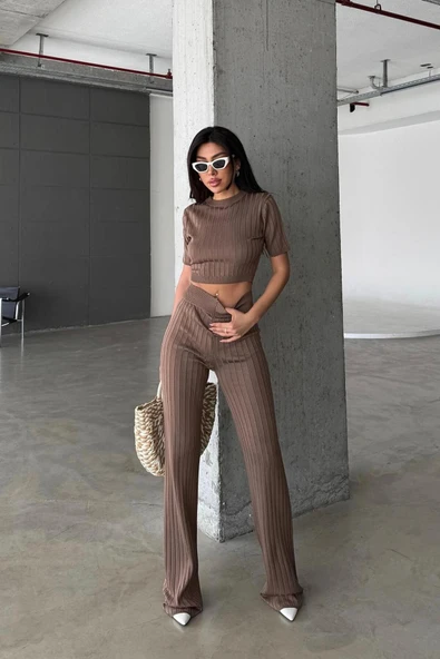 TRİKO CROP VE BOL PAÇA PANTOLON TAKIM DNV-000036 ürün görseli