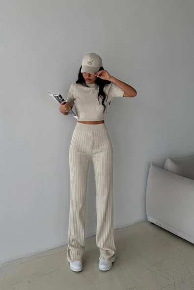TRİKO CROP VE BOL PAÇA PANTOLON TAKIM DNV-000036 - 1