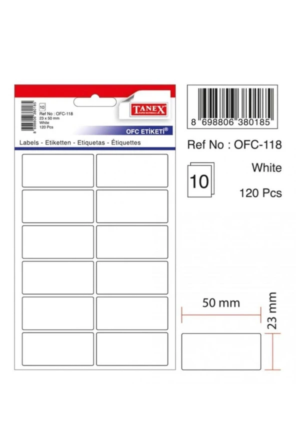 Tanex Ofis Etiketi Poşetli 23x50 Mm Beyaz (10 Lu Paket) Ofc-118