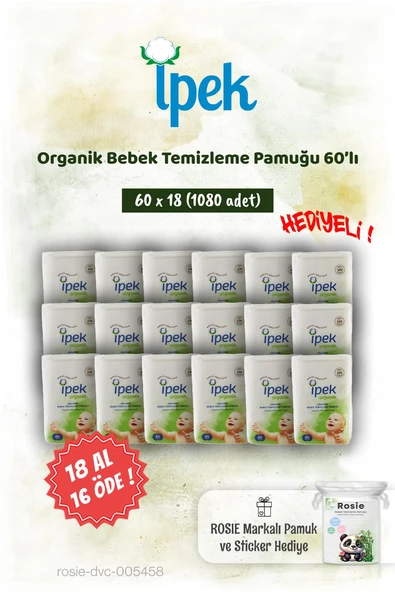 İpek Organik 60'lı 18 AL 16 ÖDE Bebek Temizleme Pamuğu ve Rosie Pamuk hediye ürün görseli