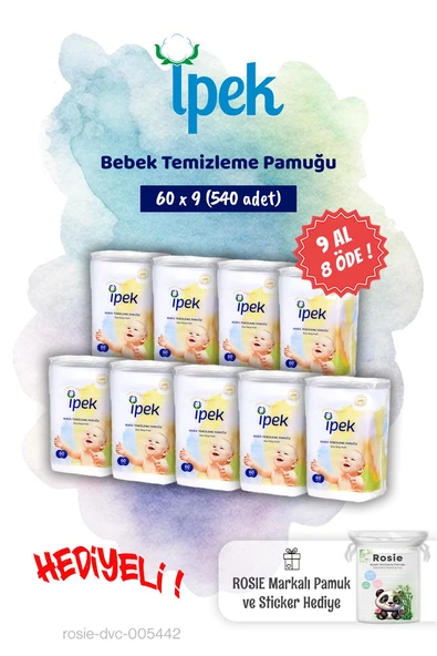İpek 9 AL 8 ÖDE 60'lı Bebek Temizleme Pamuğu ve Rosie Pamuk hediye ürün görseli