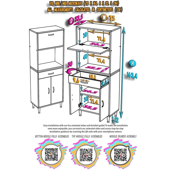 Modilayn VİO (75x163,4x32.5 cm) Çekmeceli, Kapaklı, Ekmeklikli. Mini/Midi Mikrodalga Mutfak Dolabı - Resim 5