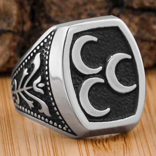 Üç Hilal Tasarımlı Lale Motifli 925 Ayar Gümüş Yüzük ürün görseli