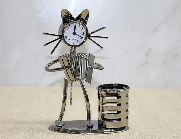 Metal Akordiyon Çalan Müzisyen Kedi Müzisyen Saat Ve Kalemlik ürün görseli
