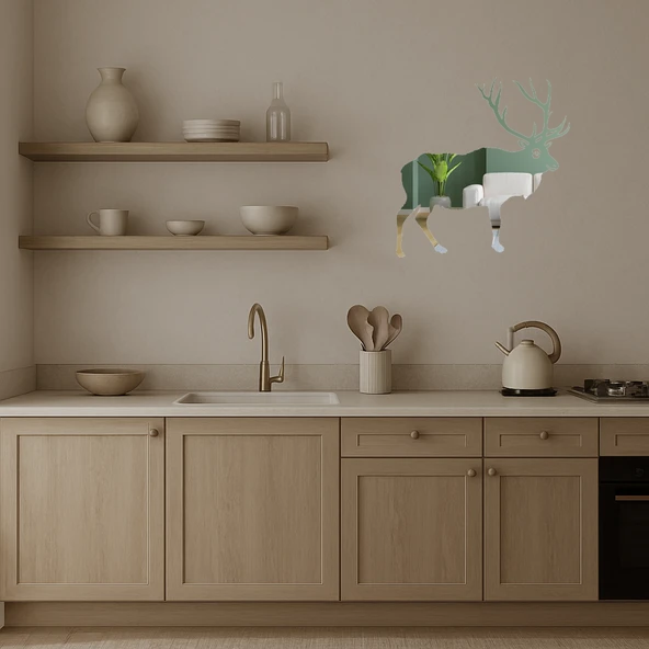 Ahşap Geyik ve Geyik Silueti Dekoratif İç Mekan Aynalı Tablosu - Resim 3