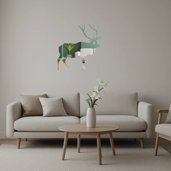 Ahşap Geyik ve Geyik Silueti Dekoratif İç Mekan Aynalı Tablosu ürün görseli