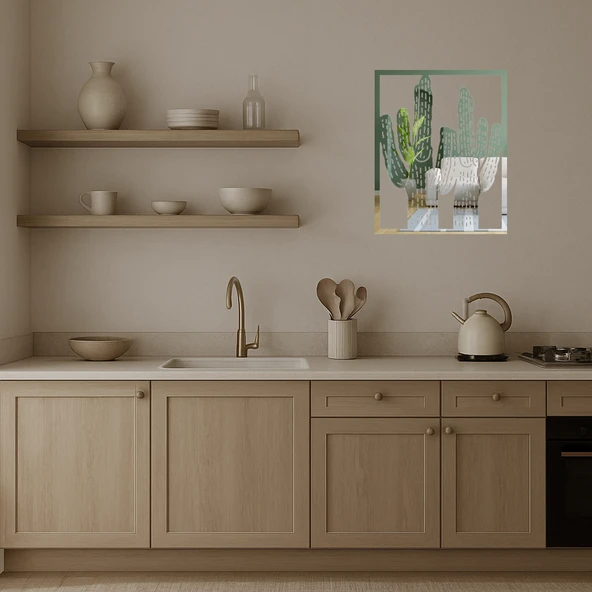 Estetik Kaktüs Desenli  Dekoratif Aynalı Tablo - Resim 4