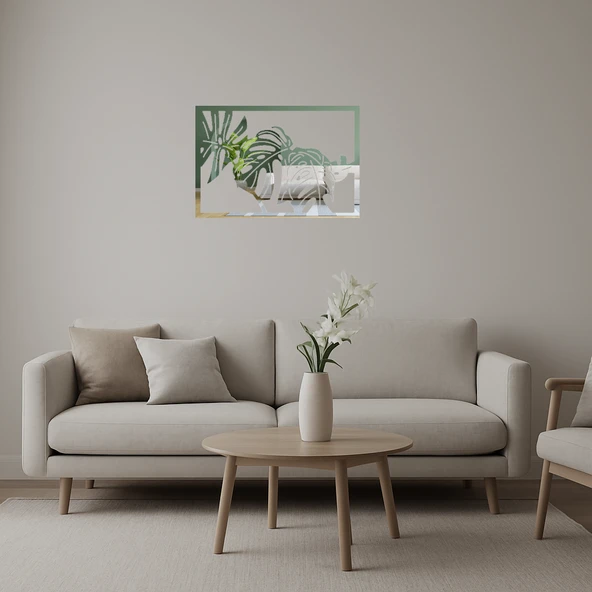 Monstera Yaprak Desenli Dekoratif Aynalı Tablo ürün görseli