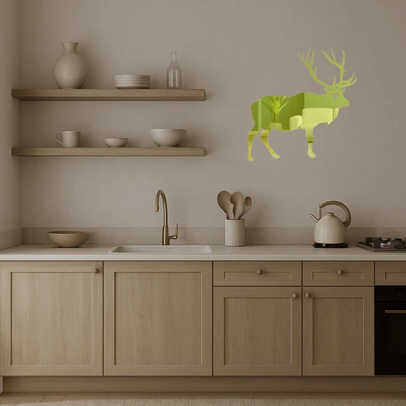 Ahşap Geyik ve Geyik Silueti Dekoratif İç Mekan Altın Aynalı Tablosu - Resim 3