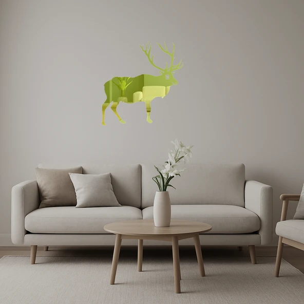 Ahşap Geyik ve Geyik Silueti Dekoratif İç Mekan Altın Aynalı Tablosu ürün görseli