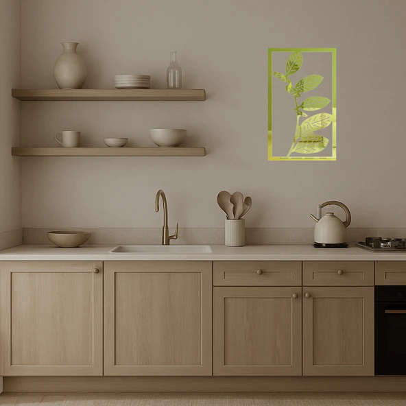 Minimalist Yaprak Desenli Dekoratif Altın Aynalı Tablo - Resim 3