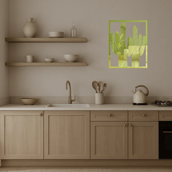 Estetik Kaktüs Desenli  Dekoratif Altın Aynalı Tablo - Resim 3