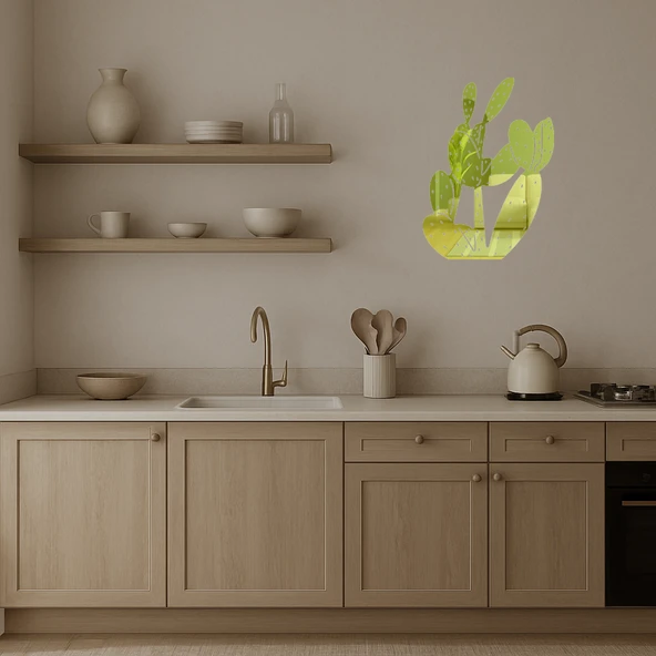 Minimalist Kaktüs Desenli  Altın Aynalı Tablo - Resim 3