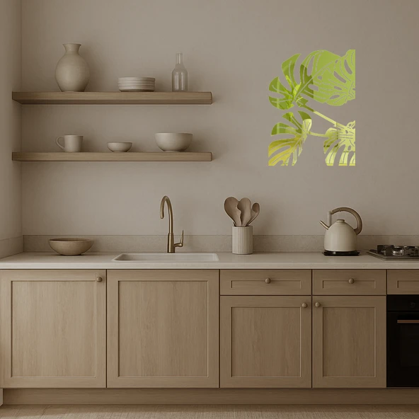 Monstera Yaprağı Desenli  Dekoratif Altın Aynalı Tablo - Resim 2