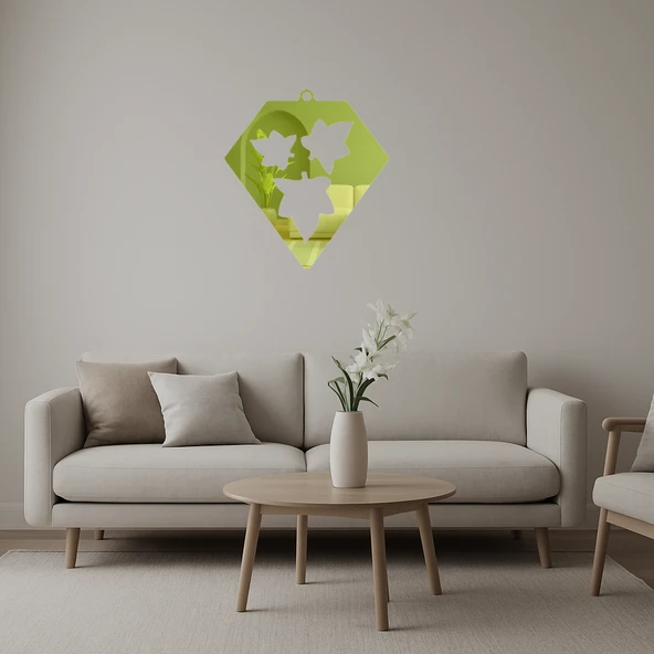 Geometrik Yaprak Desenli Elmas Şekilli Dekoratif Altın Aynalı Tablo ürün görseli
