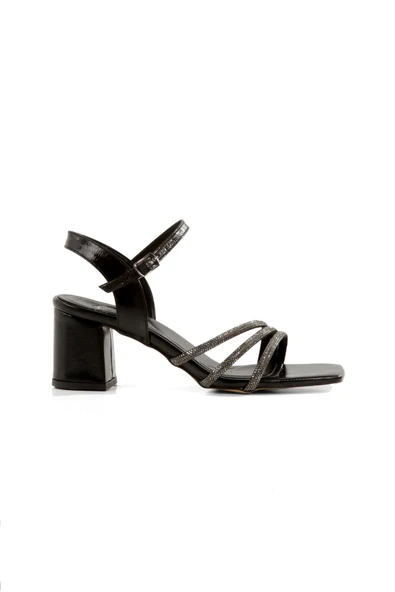 Telodi Siyah Kalın Topuklu Abiye Ayakkabı Platin Taşlı Sandalet - 5