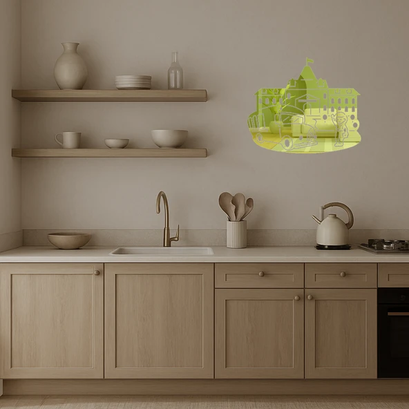 Üzeri Okul ve Otobüs Temalı Dekoratif Altın Aynalı Tablo - Resim 3