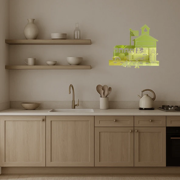 Okul Otobüsü ve Öğrenciler Dekoratif Duvar Altın Aynalı Tablosu - Resim 3