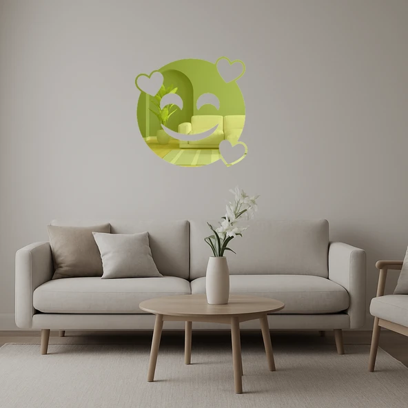 Kalp Gözlü Gülen Yüz Emoji Dekoratif Altın Aynalı Tablo ürün görseli