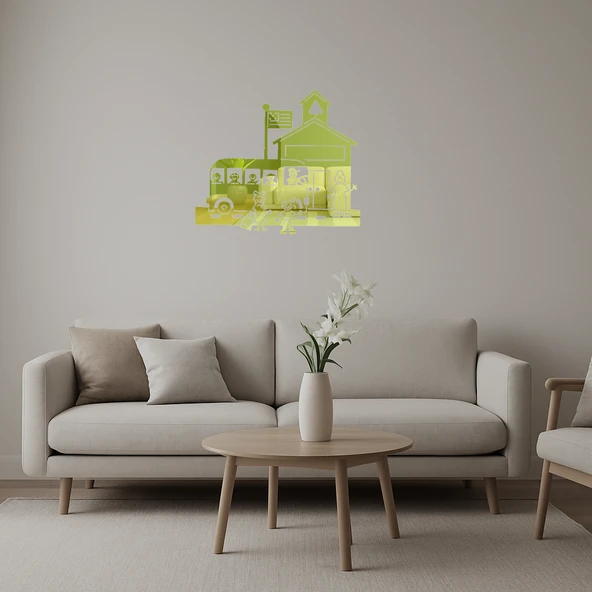 Okul Otobüsü ve Öğrenciler Dekoratif Duvar Altın Aynalı Tablosu ürün görseli