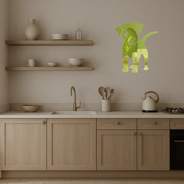 Beyaz ve Bej Köpek Tasarımı İç Mekan Dekoratif Altın Aynalı Tablo - Resim 3