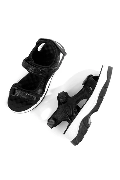 Ternis Siyah Taşlı Sandalet Cırtlı Hafif Masaj Taban  Ayakkabı