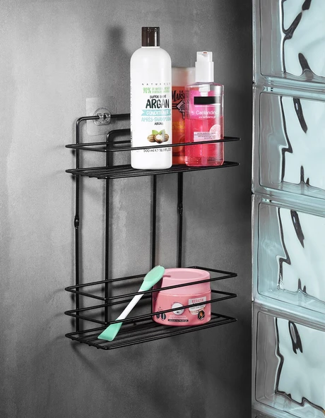 SAS Ömür Boyu Paslanmaz Duvara Yapışkanlı 3 Katlı Banyo Düz Şampuanlık Düzenleyici Siyah TŞ-02 ürün görseli