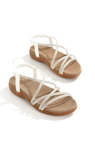 Pelip Beyaz Taşlı Kaymaz Kauçuk Taban Rahat Sandalet Yazlık Topuksuz Abiye Ayakkabı ürün görseli