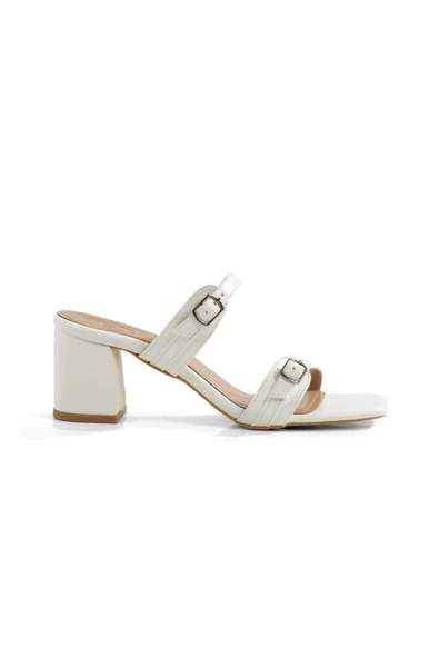 Lorina Beyaz Çift Bant Kemer Tokalı Kalın Topuklu Terlik - 5