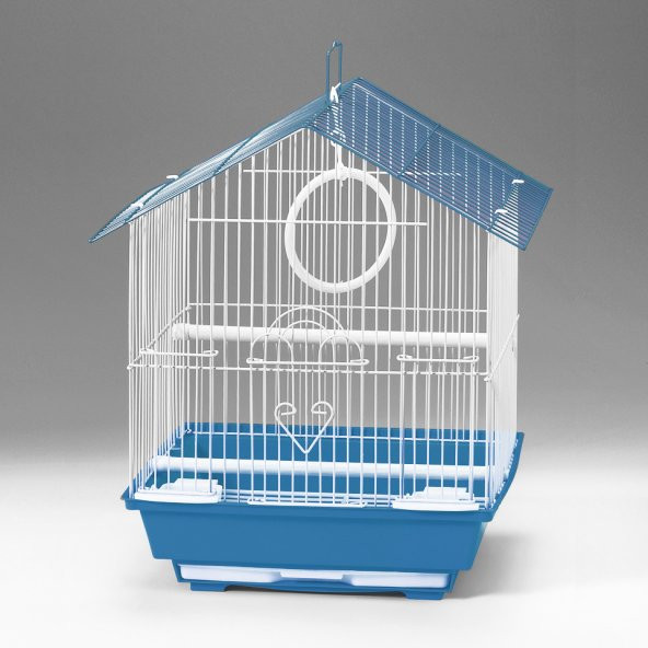 QH Kuş Kafesi 30x23x39 Üçgen Çatılı Mavi Kanarya Muhabbet Kuşu için