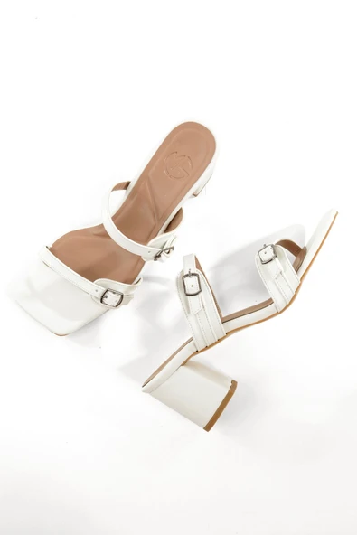 Lorina Beyaz Çift Bant Kemer Tokalı Kalın Topuklu Terlik - 2