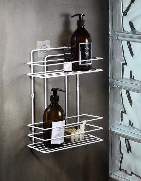 SAS Ömür Boyu Paslanmaz Duvara Yapışkanlı 3 Katlı Banyo Düz Şampuanlık Düzenleyici Beyaz TŞ-02