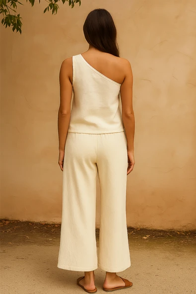 Kadın Beyaz Tek Omuzlu Şık Bluz & Geniş Paça Pantolon İkili Takım - 2