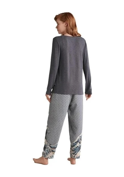 W618 Kadın Patlı V Yaka Uzun Kollu Pijama Takımı - 3