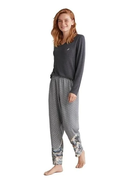 W618 Kadın Patlı V Yaka Uzun Kollu Pijama Takımı