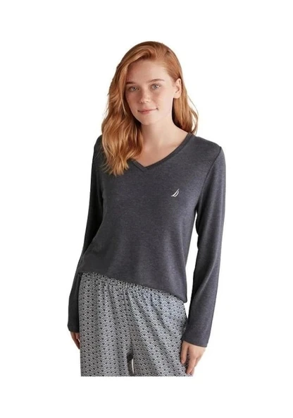 W618 Kadın Patlı V Yaka Uzun Kollu Pijama Takımı - 2