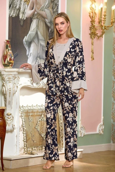 Aqua 25197 Saten Desenli Sabahlıklı 3'lü Pijama Takımı ürün görseli